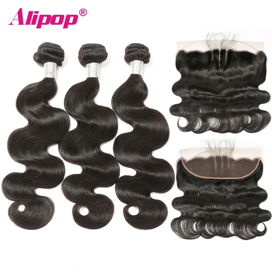 

Body Wave Bundles With Closure Brazilian Human Hair 3 Bundles With Frontal 13x4 Ear to Ear Remy Human Hair Weave Black ALIPOP