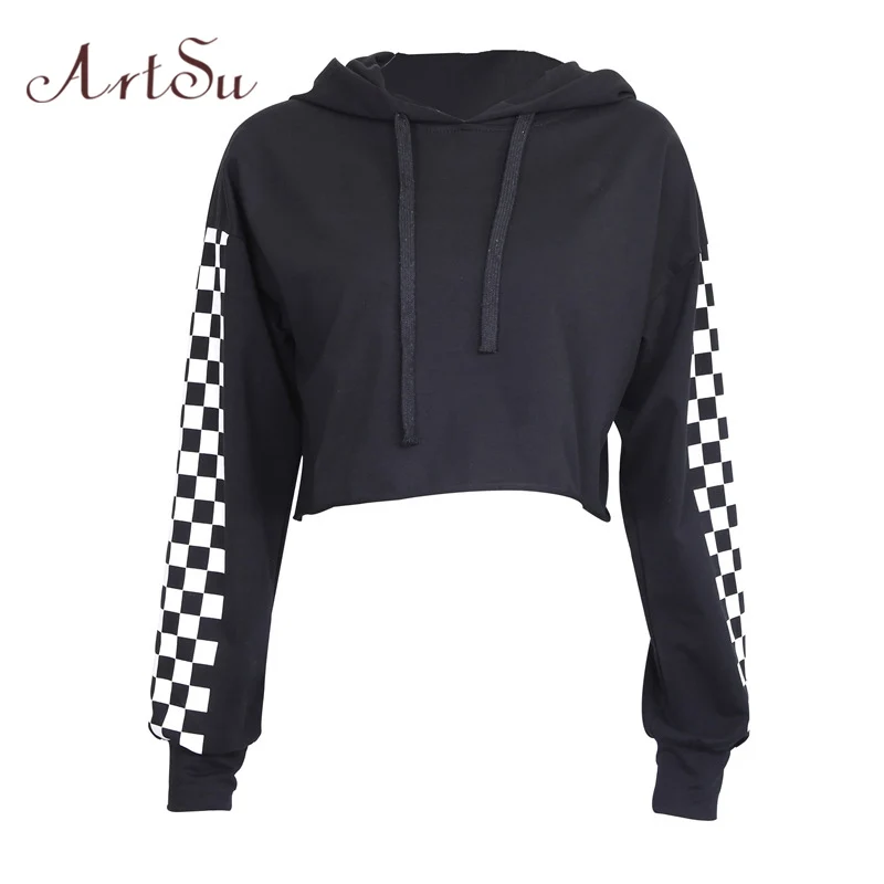 

ArtSu Fall 2019 Fashion Kpop Patchwork Plaid Long Sleeve Cropped Hoodie Hoody Sweatshirt Black Punk Harajuku Sudadera ASHO20129