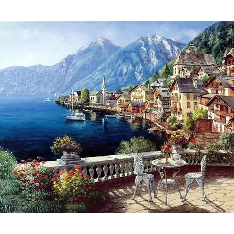 

Landscape Framed Pictures DIY Painting By Numbers Wall Art Acrylic Painting On Canvas Drop Shipping For Wedding Decor GX4790