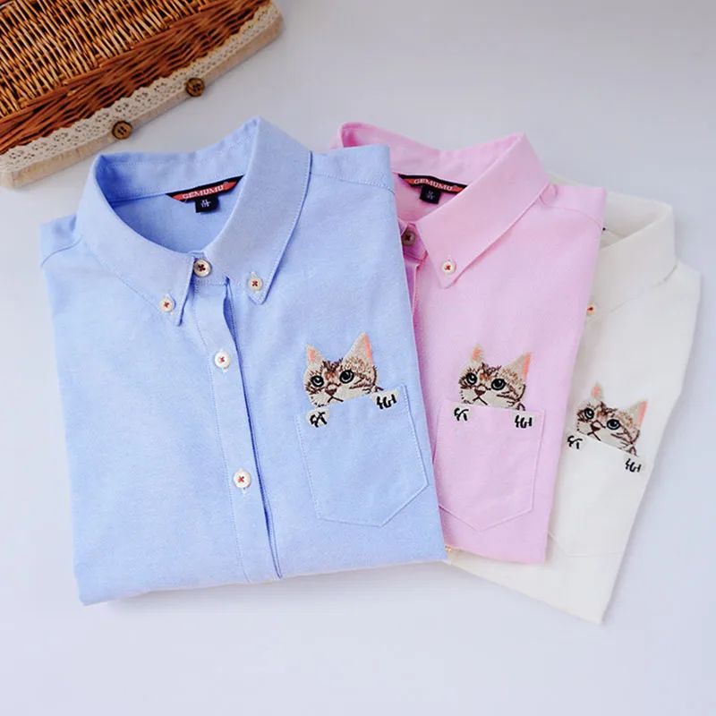 

Embroidery Print Cat on Pocket Shirts Lady 2016 Spring New Fashion White Blue Pink Casual Blouse Shirts Women Long Sleeve Tops