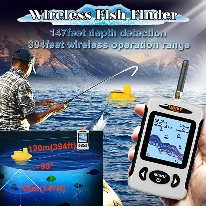 Lucky اللاسلكية سونار صياد السمك إنذار أسلم قارب الصيد مكتشف المحمولة Fishfinder صدى الاستشعار 120 m محول FFW718