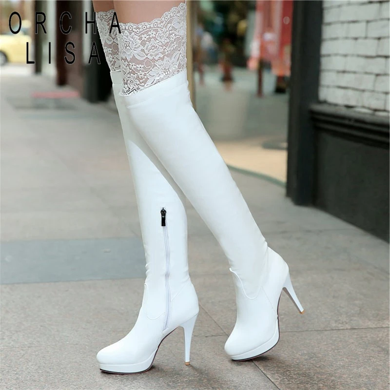 

ORCHA LISA 2018 New Women PU Sexy Fashion Over The Knee Boots Thin High Heel Boots Platform Woman Shoes Lace Big Size 34-43 C629