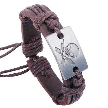 

30 piece/lot Women Men Skull Charm Bracelets Leather Cuff Bangles Silver Plated Wristband Adjustable Weave Cord Chain Jewelry