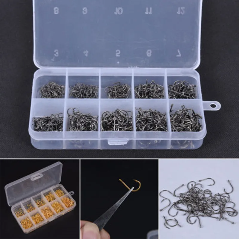 

500pcs 10 Size Assorted Sharpened Fishing Hooks Lure Baits With Fish Tackle Box