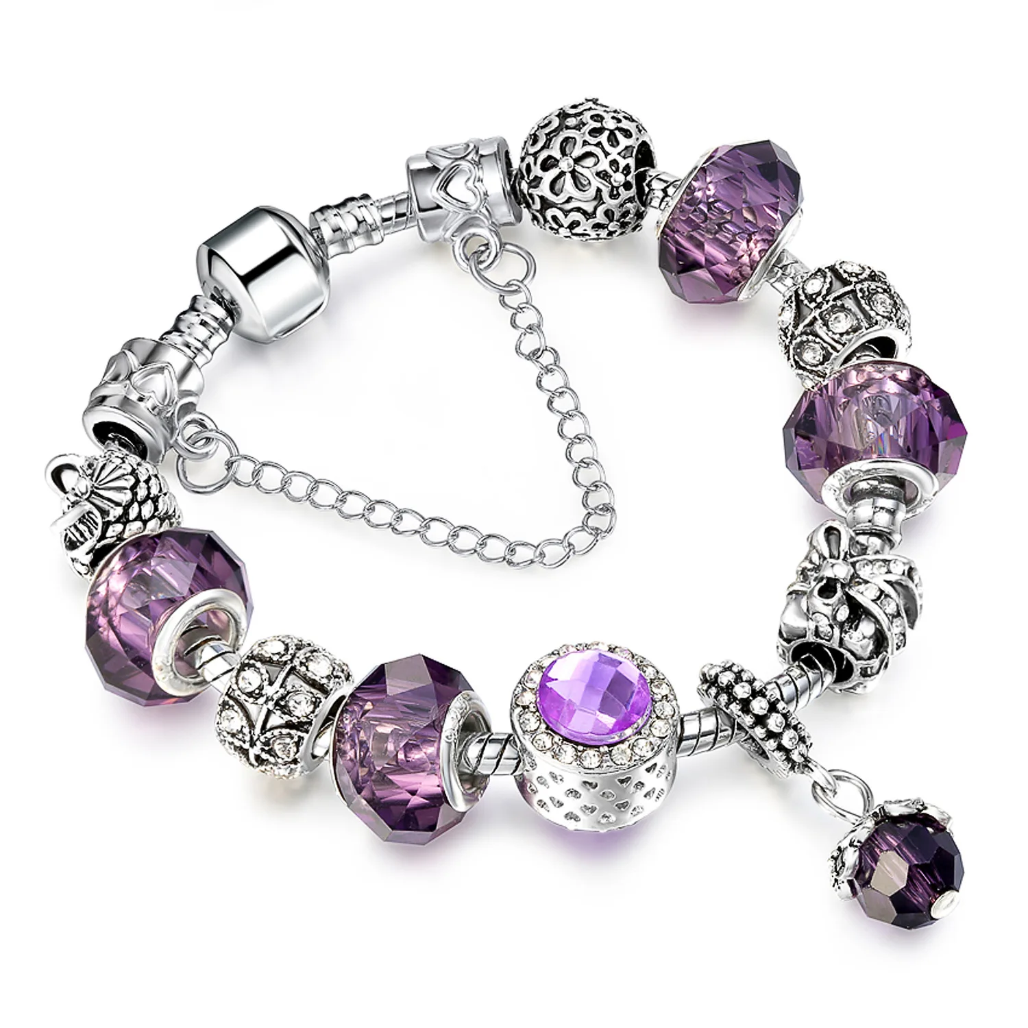 

Luxury purple Crystal pandora Bracelets For Women Silver color Bracelets & Bangles Femme Bridal Wedding Vintage Jewelry