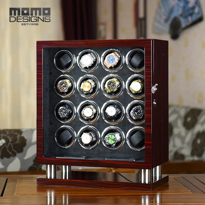 

Exclusive Large Watch Winder 16 Automatic watch box Black suede insert with Mabuchi motor and LCD touch screen Wooden winder
