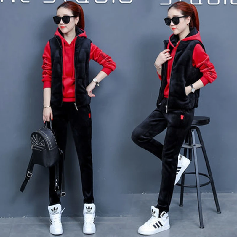 Women Suit Tracksuit Winter 3 Piece Set Hoodies + Vest + Pants Women's Costume Plus Velvet Sporting Suits Female Costume 