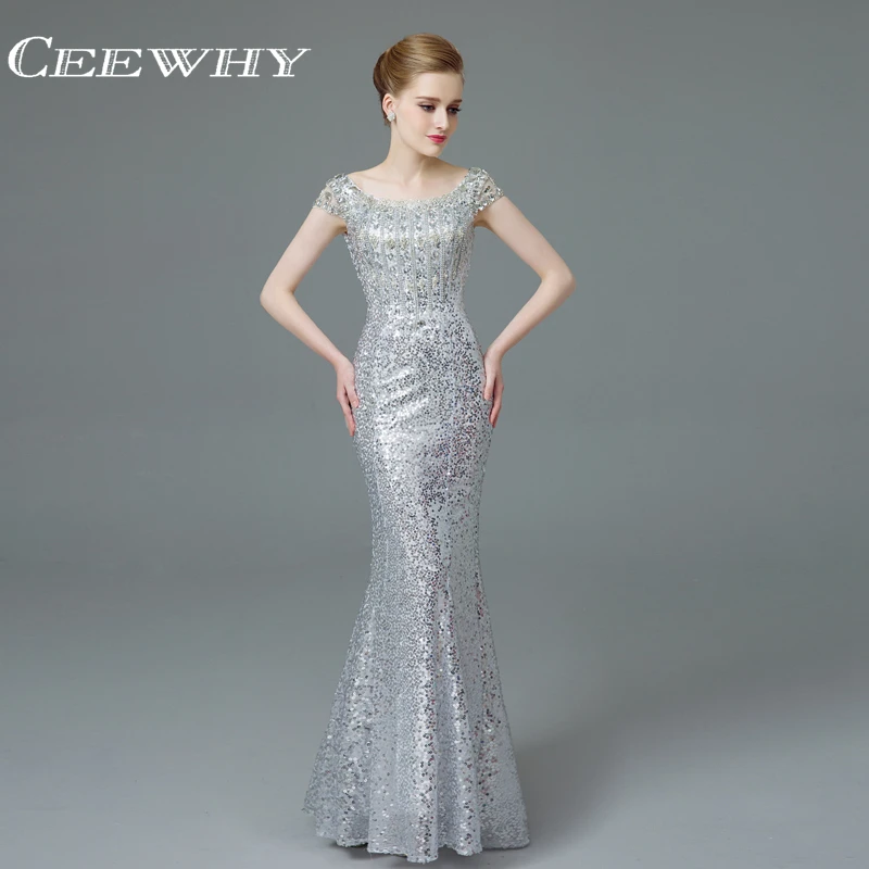 CEEWHY Sequin Evening Dress Rhinestone Formal Evening Dresses Beaded