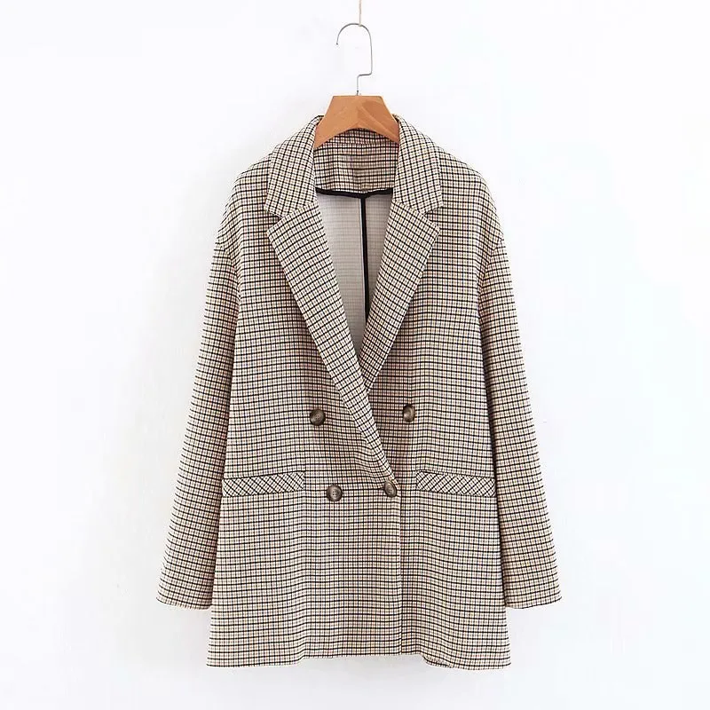 

New 2018 Autumn Woman Plaid Blazers Notched Neck Back Slit Pocket Double Breasted Blazers Casual Loose Coat
