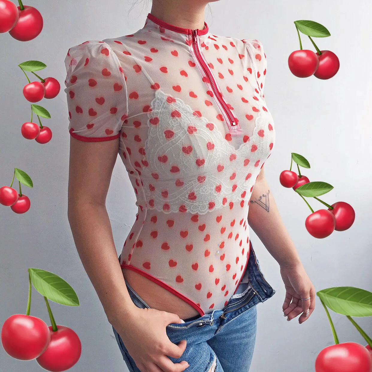 

Jumpsuit Combinaison Femme sexy Bodysuit Women Crop Top Summer new pink heart zipper perspective mesh jumpsuit shirt women