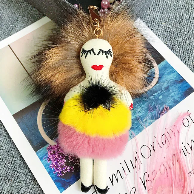 Modern Girl Grazy Women Real Rex Rabbit Fur Keychain Fluffy Doll Fur Pompon Bag Charm Keyring Luxury Car Key Pendant Accessories - Цвет: Pink 3