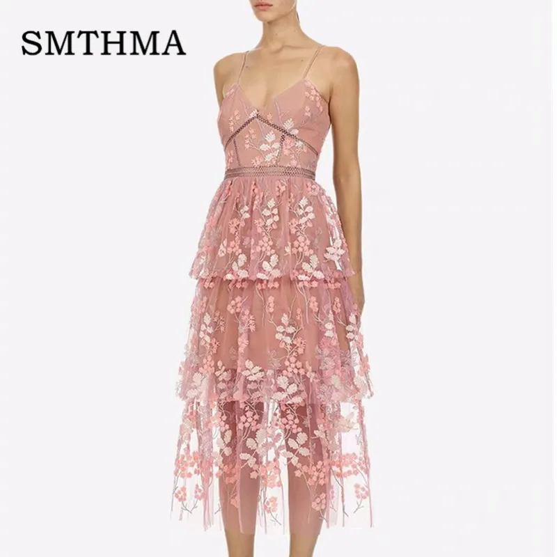 

High Quality 2019 New arrive Summer Pink Sequin Embroidery Floral Runway dress women party dress sexy backless Lace dress