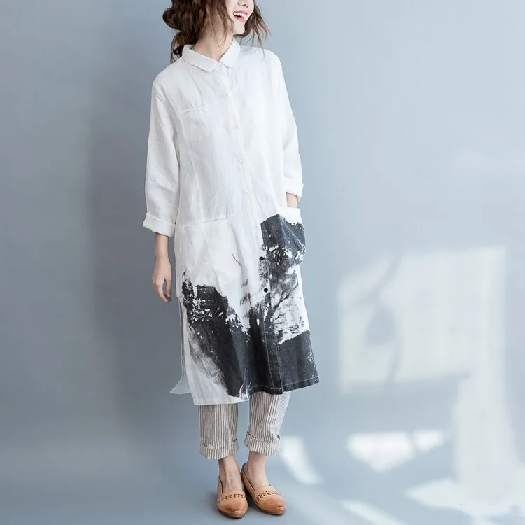 LZJN Vintage Painting Style Summer Long Dress Long Sleeve Shirt Woman Lady Loose Big Size Casual Fashion Button Down Shirt Dress (25)