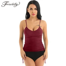Женские двухсекционные Раздельные купальники с v-образным вырезом, регулируемые бретельки на тонких бретельках спереди, гофрированные, без проволоки, мягкие купальники, танкини, Топ