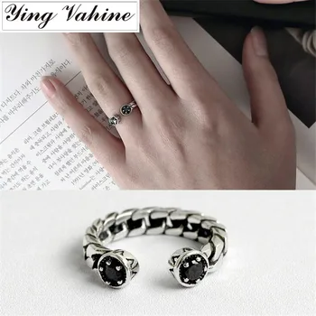 

ying Vahine 100% 925 Sterling Silver Jewelry Chic Black Zircon Open Rings for Women bijoux en argent 925