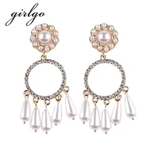 Girlgo Luxury Simulated Pearl Jingle Pendant Statement Earrings For Women Wedding Jewelry Trendy Charm Long Drop Dangle Earrings