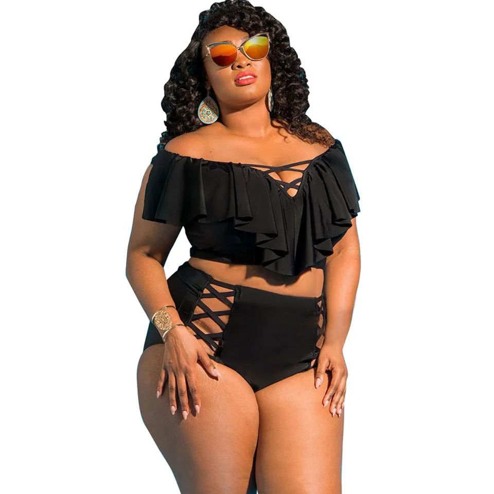 Plus Size Bikini Flounce Swimsuit Off Shoulder Bathing Suit Large Size