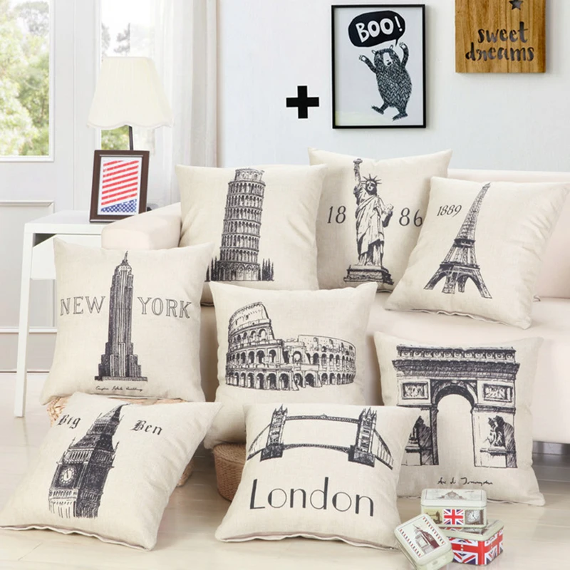 

Famous Building Print Square 45*45cm beige Cushions Creative Home Sofa Seat Back Cusion Car Office Chair Nap Lumbar Throw Pillow