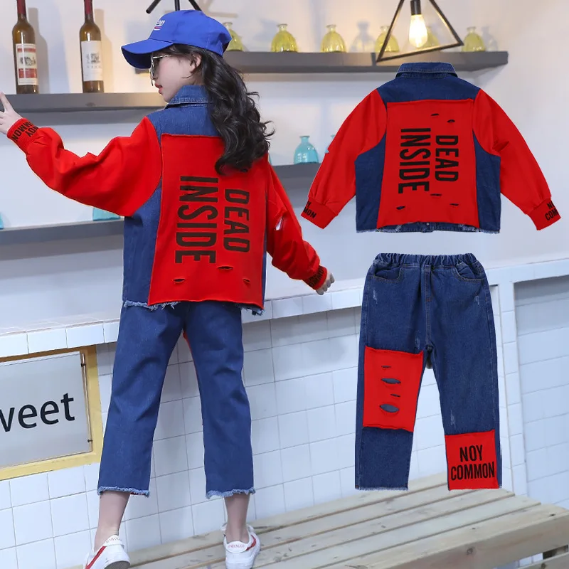 

2019 New Autumn Kids Clothing Set Girls Denim Jacket Kids Casual Sport Suit Girls Clothes Set Children Clothing Set For 12 Years