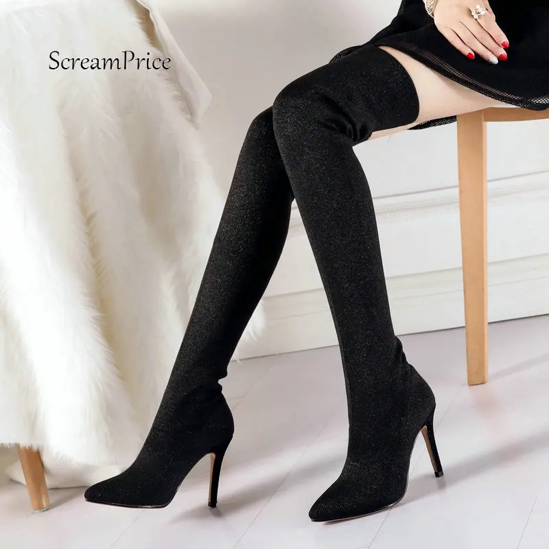 

Female Knitting Thin High Heel Over the Knee Boots Fashion Pointed Toe Autumn Thigh Boots Black Silver