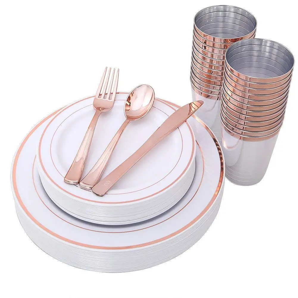 

Rose Gold Plates and Rose Gold Cups with Plastic Dinnerware, Top Disposable Dinnerware Set for 25 Guest-Total 150pcs
