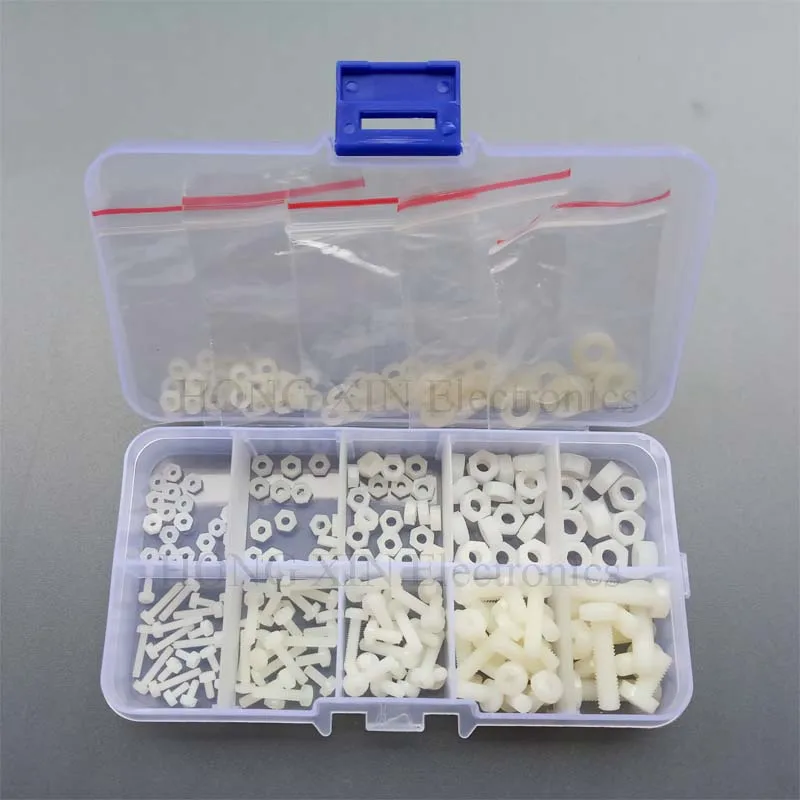 

M2 M2.5 M3 M4 M5 (Total 270pcs) Nylon Screw / Nut / Washer Assortment Kit Come with Plastic Box,white