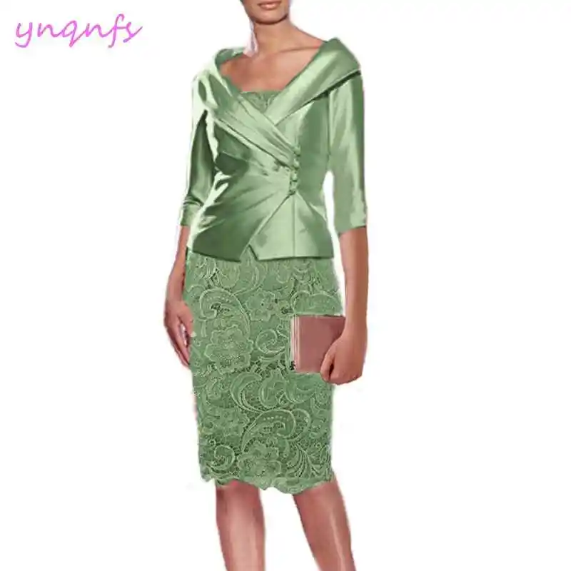 No 49 Olive Green YNQNFS M195M Настоящее платье вечерние платья для гостей на свадьбу длина до колена серый синий 2 шт мать невесты кружева платья с жакетом - Цвет: No 49 Olive Green