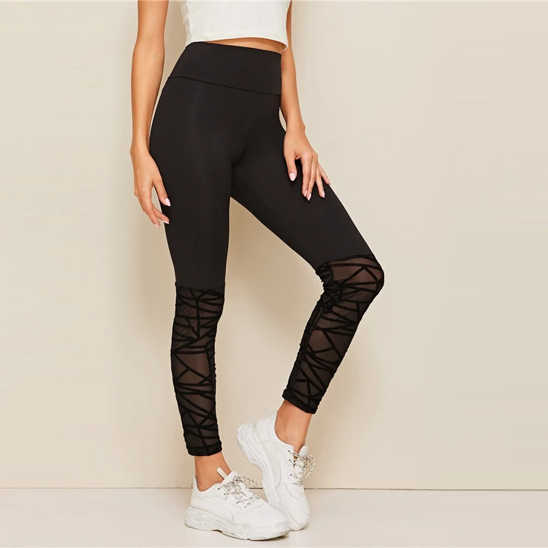 SweatyRocks, флокированные леггинсы с сетчатым подолом, обтягивающие леггинсы для активного отдыха, женские черные леггинсы для активного отдыха,, летние повседневные леггинсы для тренировок