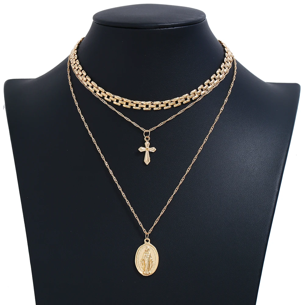 

Fashion Multiple Layers Cross Jesus Charm Necklaces For Women Gold Color Chokers Necklace Boho Collares Female Boho Jewelry