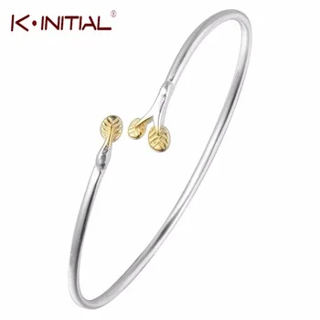 Kinitial 1Pcs New 925 Silver Leaf Bracelet Bangles for Women Simple Leaf Open Cuff Bangle Trendy Cuff Bracelets Party Jewelry