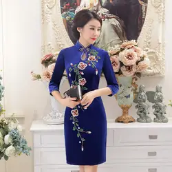 Китайский мини платье Для женщин фиолетовый бархат Cheongsam Размеры м до 4xl