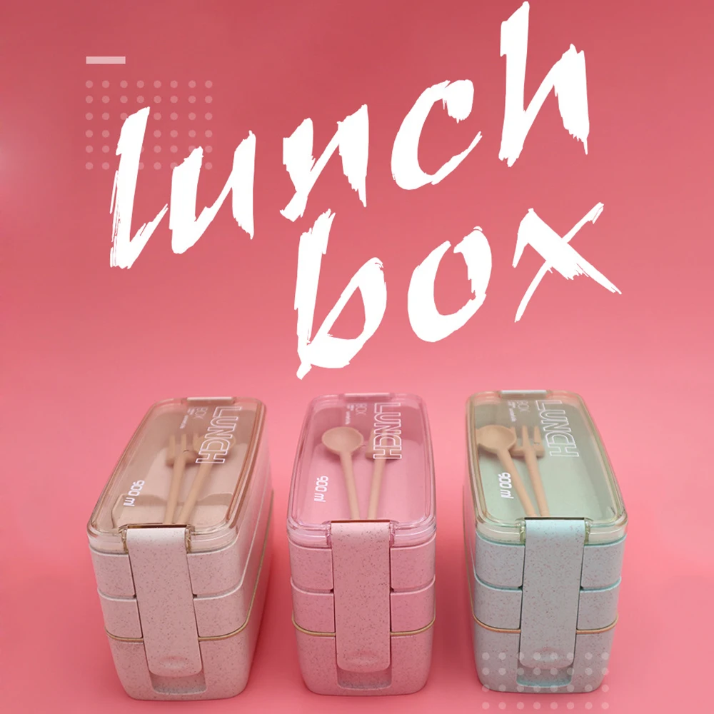 900ml Healthy Material Lunch Box 3 Layer Wheat Straw Bento Boxes Microwave Dinnerware Food Storage Container Lunchbox