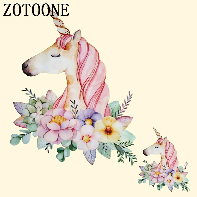 Нашивки ZOTOONE с единорогом и цветами мультяшная термоклейкая переводная наклейка