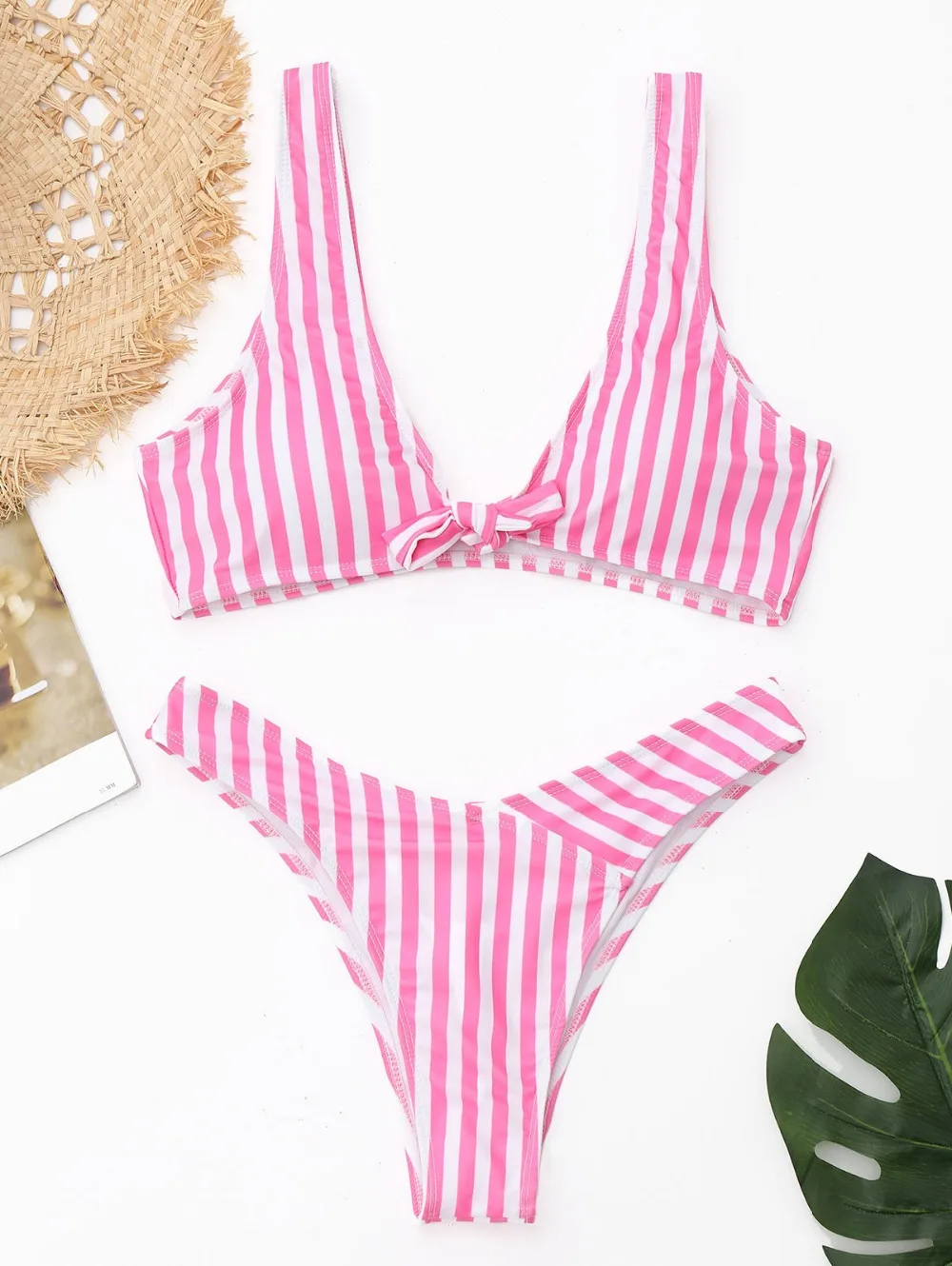 ZAFUL Striped Front Knot Bikini Swimwear Women Beach Wear Plunging Neck