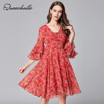 

Queechalle Summer Dress Lace Up V neck Flare Sleeve Big Size Chiffon Dress Female Casual Print Dress 5XL Plus size women dress