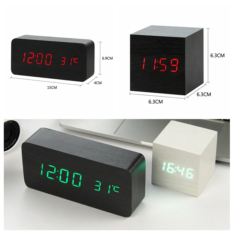 JULY'S SONG LED Wooden Alarm Clock Voice Control Digital Wood Despertador Electronic Desktop USB/AAA Powered Clocks Table Decor