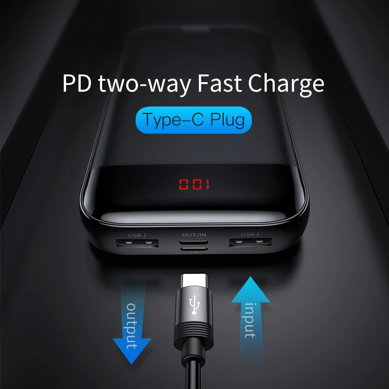 Baseus 20000mAh Power Bank With LCD 3 Input Output USB C PD Fast Charging Powerbank Protable External Battery Charger For Phones