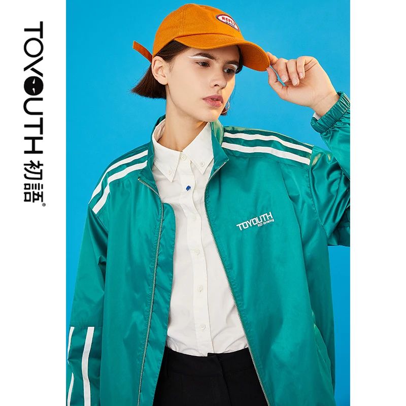 

Toyouth Harajuku Wild Loose Streamer Striped Patchwork Baseball Coat Zipper Up Jackets Emboridey Streetwear Outwear Cardigan Top