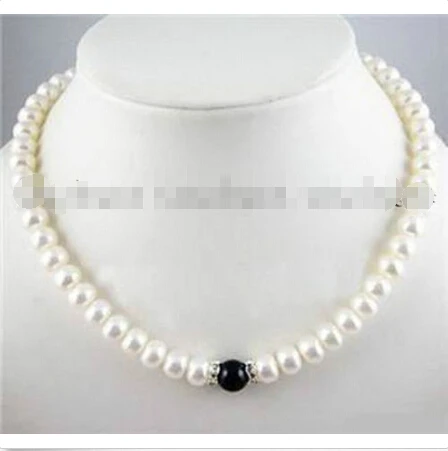 

7-8mm Natural White Akoya Pearl/10mm Black Rich Agate Beads Necklace 18"^^^@^Noble style Natural Fine jewe FREE SHIPPING