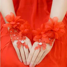Перчатки для невесты новые кружевные Красные Белые Свадебные перчатки с цветами и кристаллами Дешевые vestidos de novia gants mariage femme