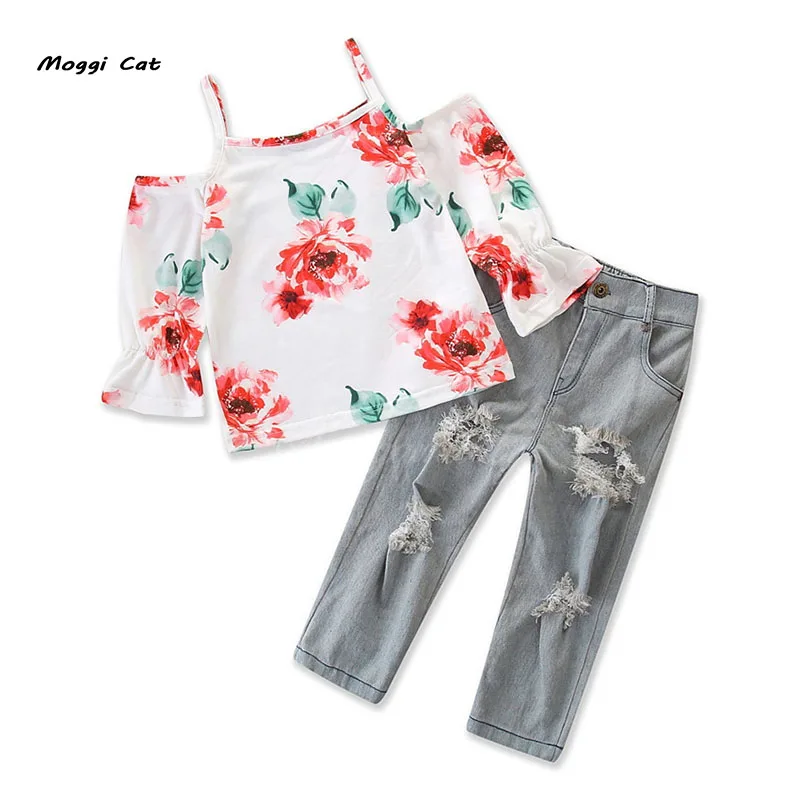 

Moggi Cat 2019 Girls Clothing Sets Rose Flower Print Sling White T Shirt+Ripped Jeans Fashion Girls Cloth Sets