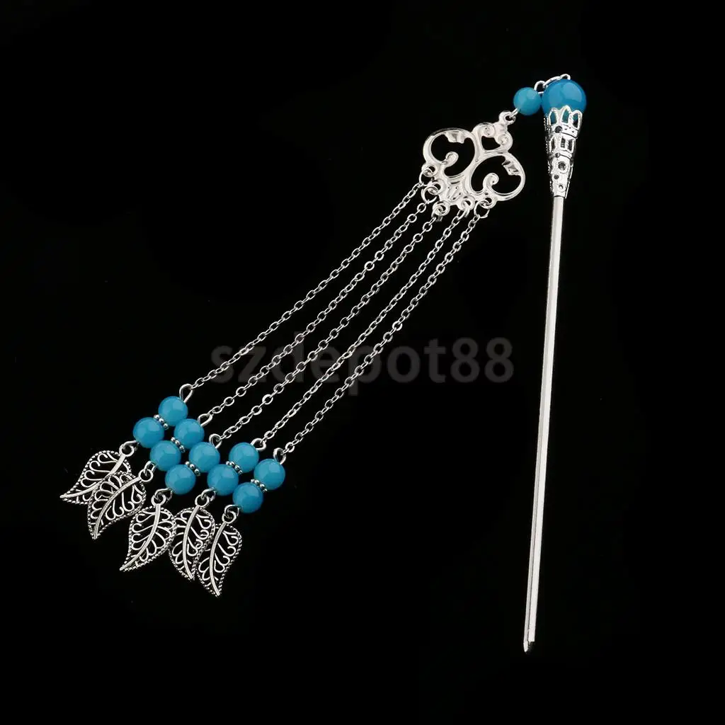 Solid Metal Tasel with Beads Stick Pin Hanfu Dress Ancient Chinese Cosplay Drama Girls Cute Hair Pin