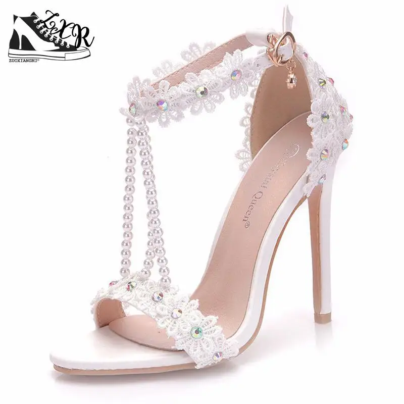 

11 cm High Heels Lace Floral Women Sandals Gladiator Ankle Strap Summer Shoes White Woman Rome Wedding Shoes Heels