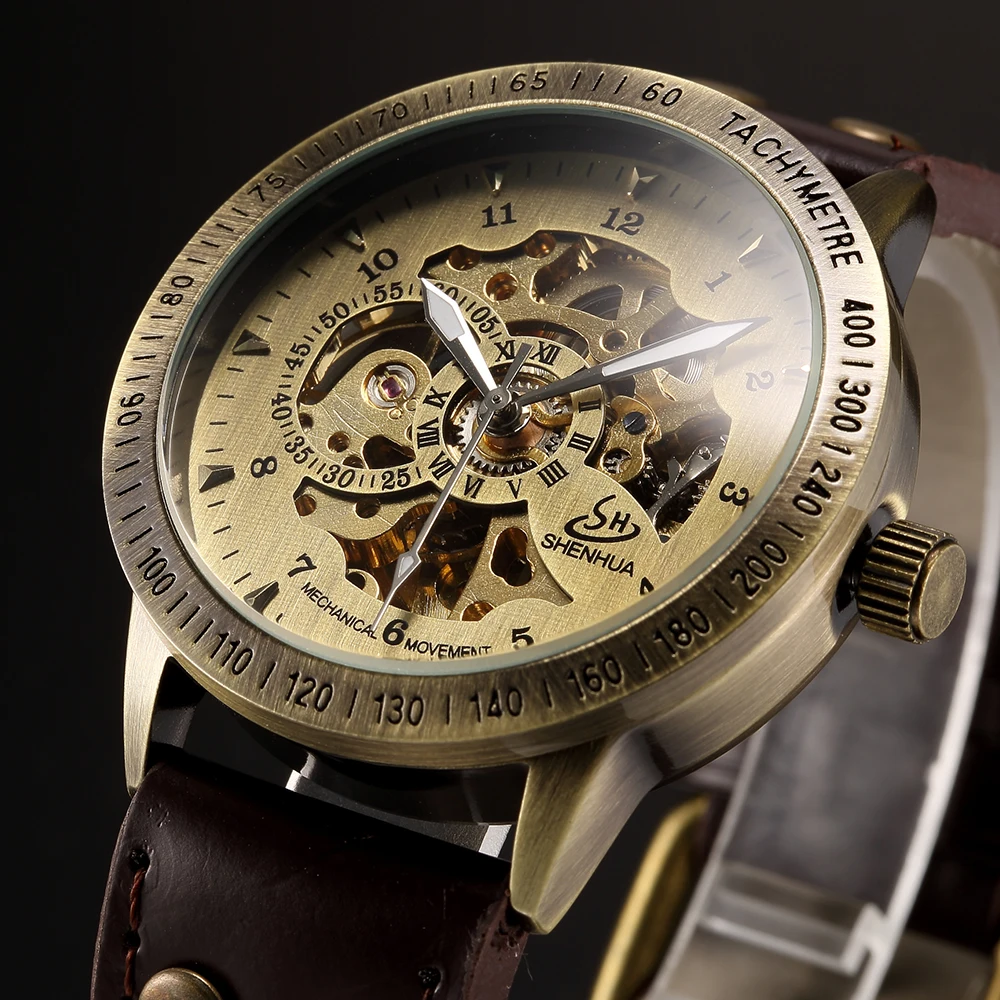 

SHENHUA erkek kol saati Retro Bronze Skeleton Steampunk Mechanical Male Wrist Watch Leather Belt Automatic Men's Wristwatch