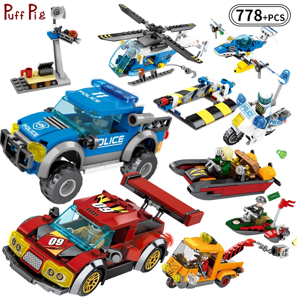 

778pcs City Police Rescue Team Helicopter Truck Engineering Excavator Building Blocks Compatible Legoed Technic Toys For Child