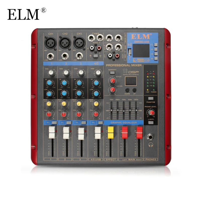 

ELM Professional Karaoke Audio Mixing Mixer Microphone Digital Sound Amplifier Console bluetooth 4 Channel With USB 48V Power