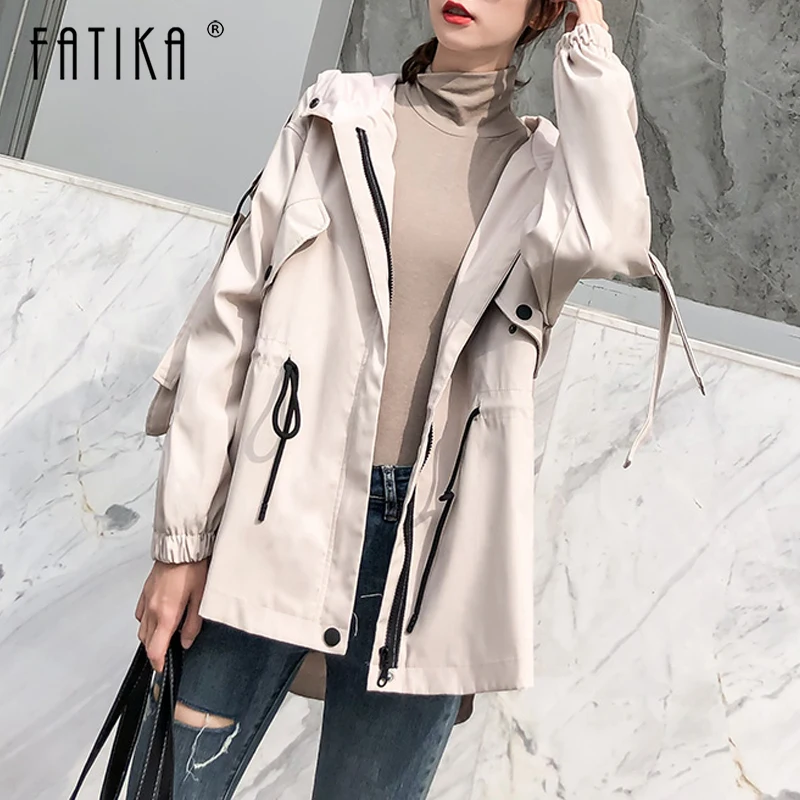 

FATIKA Women Button Solid Hooded Lace up Trench Women 2019 Spring Autumn Stylish Casual Pockets Coat Outerwear