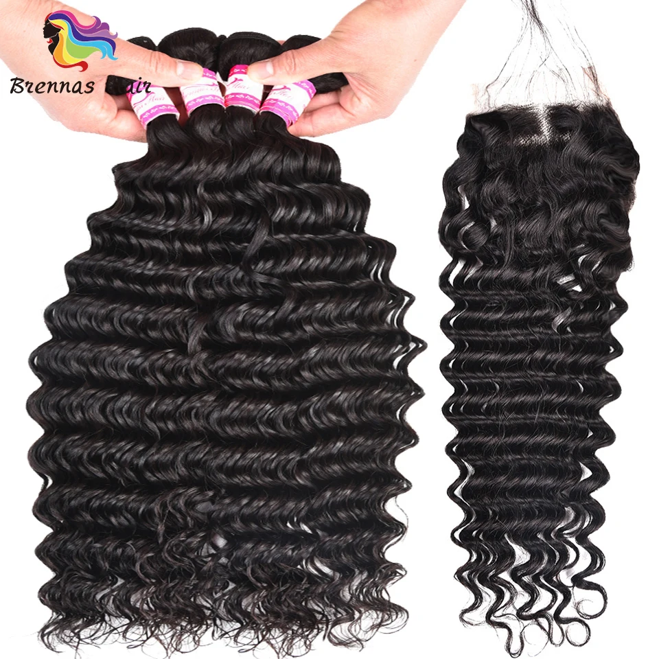 

Deep Wave hair bundles 4pcs with a 4*4 closure 100% Brazilian human Remy hair bundles 5pcs/pack for black women 8-26''