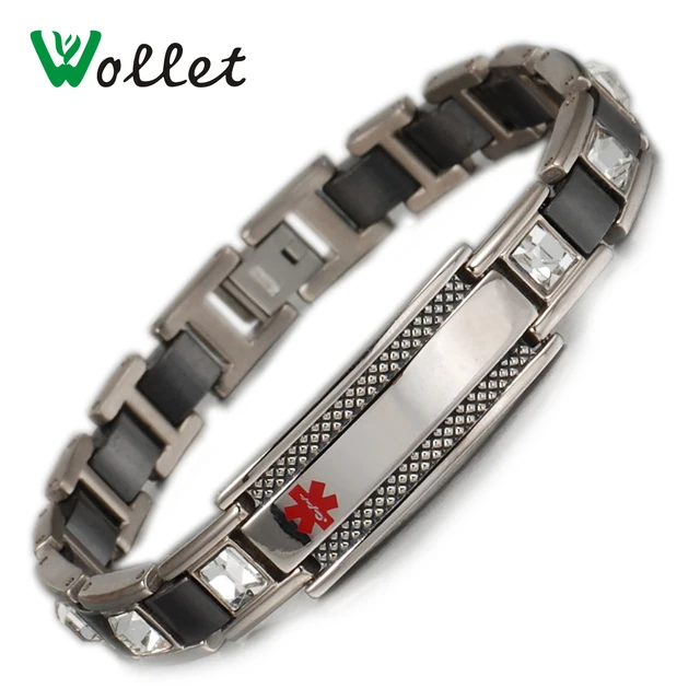 Wollet Medical Alert Id Bangle White Stone For Women Men Black Wollet Medical Alert Id Bangle White Stone For Women Men Black Ceramic Health Magnetic Stainless Steel