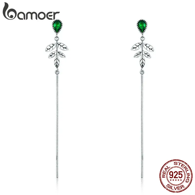 

BAMOER New Arrival 100% 925 Sterling Silver Spring Tree Leaves Green CZ Long Drop Earrings for Women Fashion Jewelry S925 SCE333